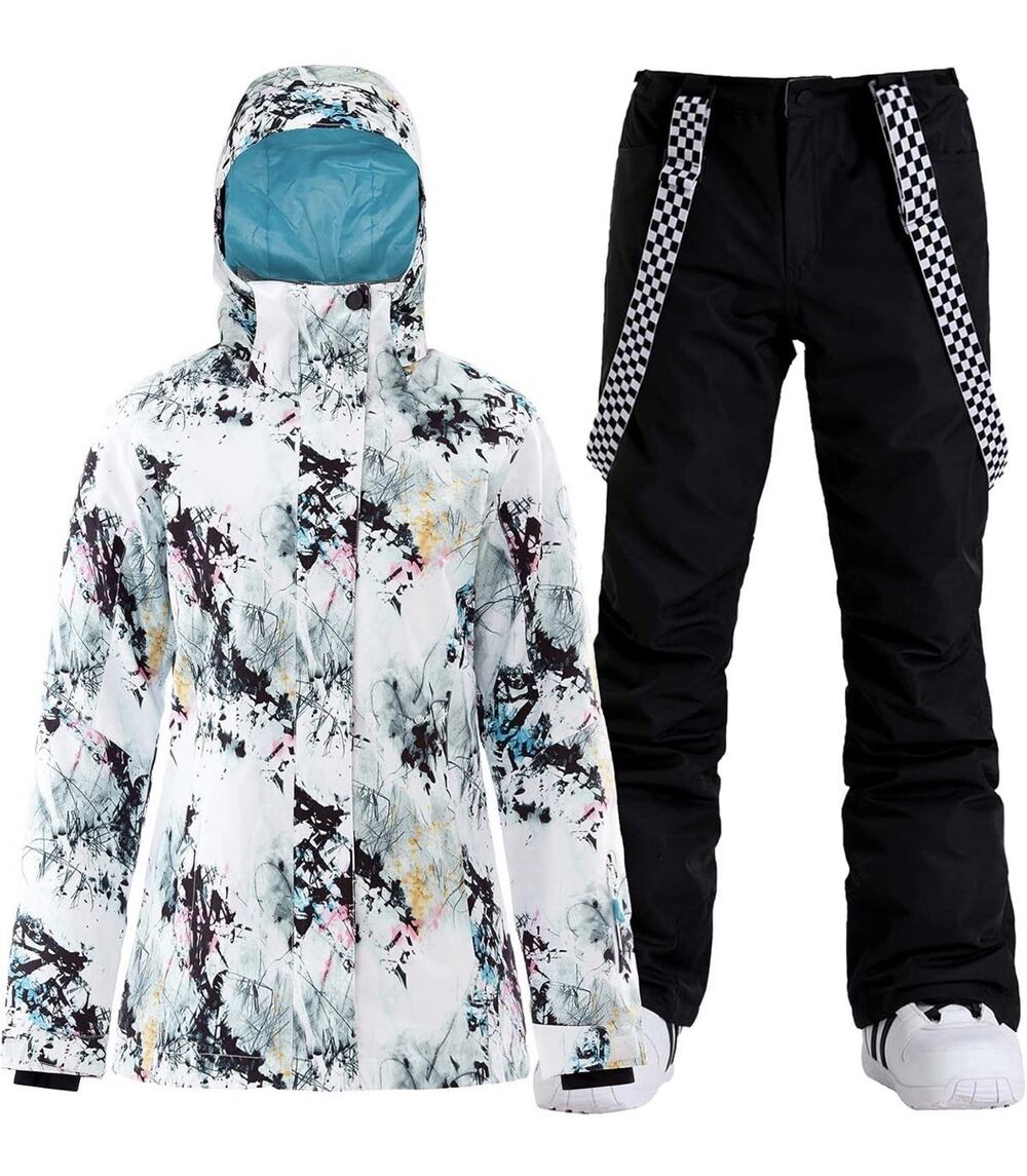 Women's Ski Jacket Pants Set Windproof Waterproof Black Splatter Snow Suit